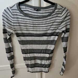 Express Women's Black and Gray Striped Sweater